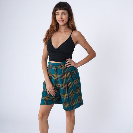90s Blue Plaid High Waist Pleated Shorts Knee Length Small