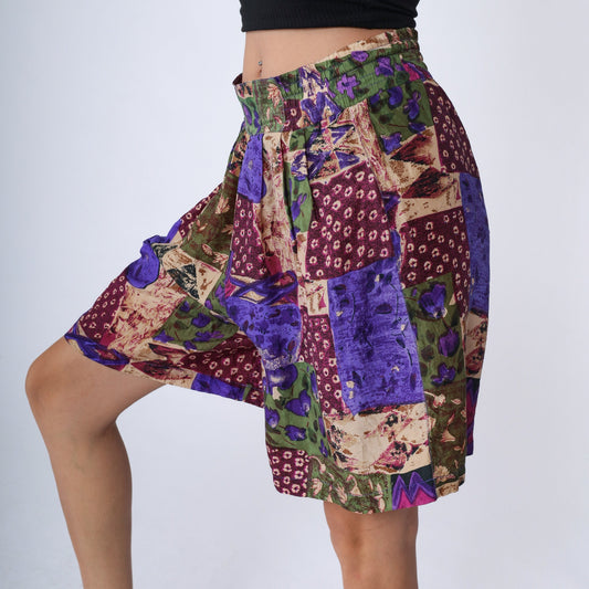 90s Silk Patchwork Floral Pleated Shorts High Waist Wide Leg Small