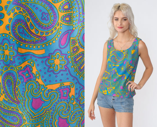 70s Paisley Floral Tank Top Sleeveless Blouse Yellow Blue Pink Extra Small