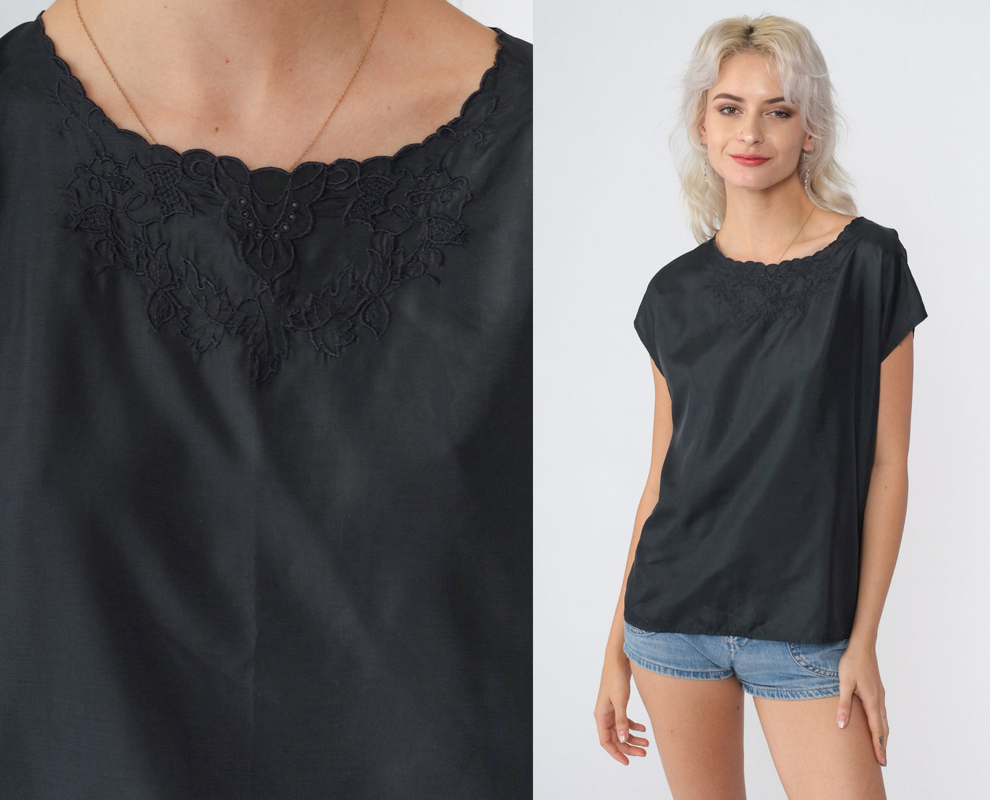 70s Black Floral Embroidered Cutwork Blouse Cap Sleeve Small