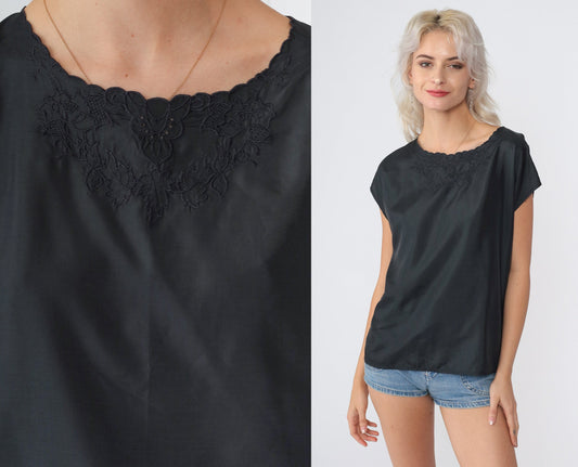 70s Black Floral Embroidered Cutwork Blouse Cap Sleeve Small