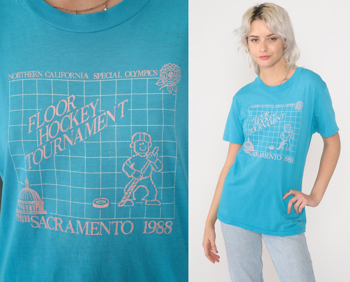 1988 Northern California Special Olympics Floor Hockey Tournament Tee Blue Medium