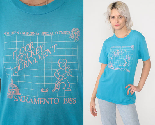 1988 Northern California Special Olympics Floor Hockey Tournament Tee Blue Medium