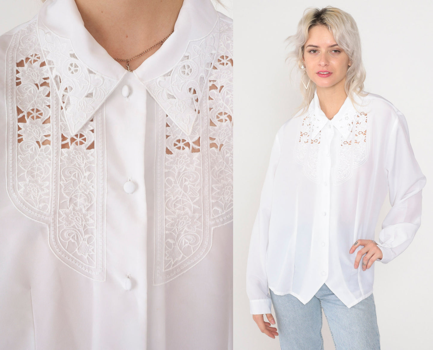 90s White Floral Embroidered Cutwork Blouse Long Sleeve Button Up Large L