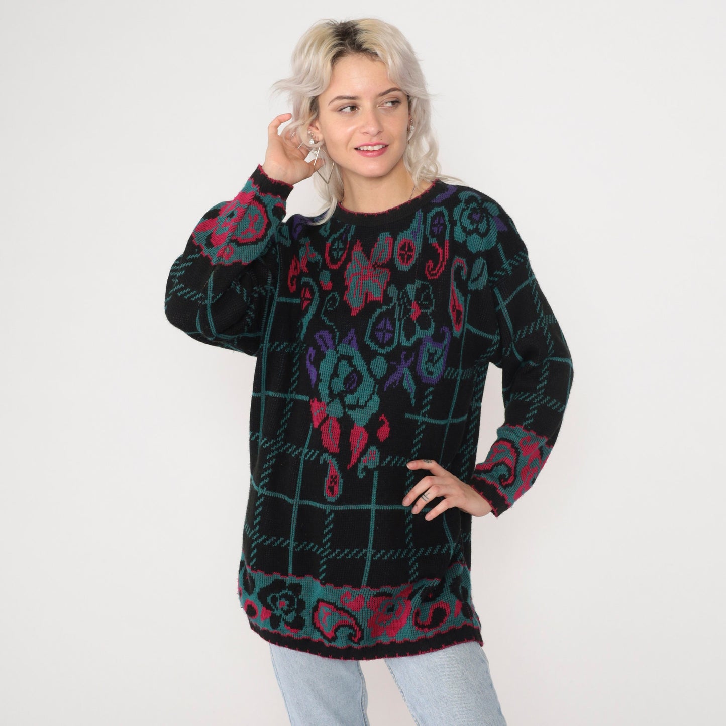 90s Checkered Floral Knit Sweater Black Pullover Paisley Rose Hibiscus Large L