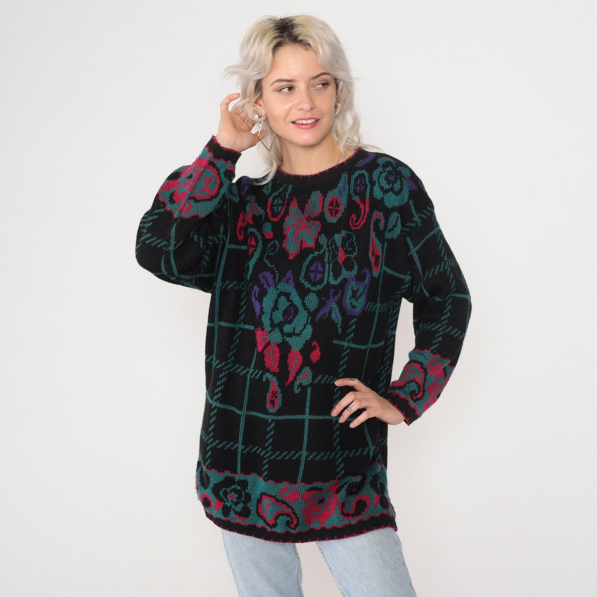 90s Checkered Floral Knit Sweater Black Pullover Paisley Rose Hibiscus Large L