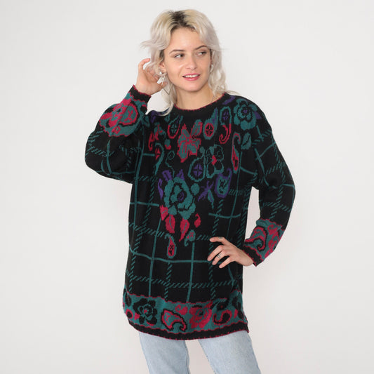 90s Checkered Floral Knit Sweater Black Pullover Paisley Rose Hibiscus Large L