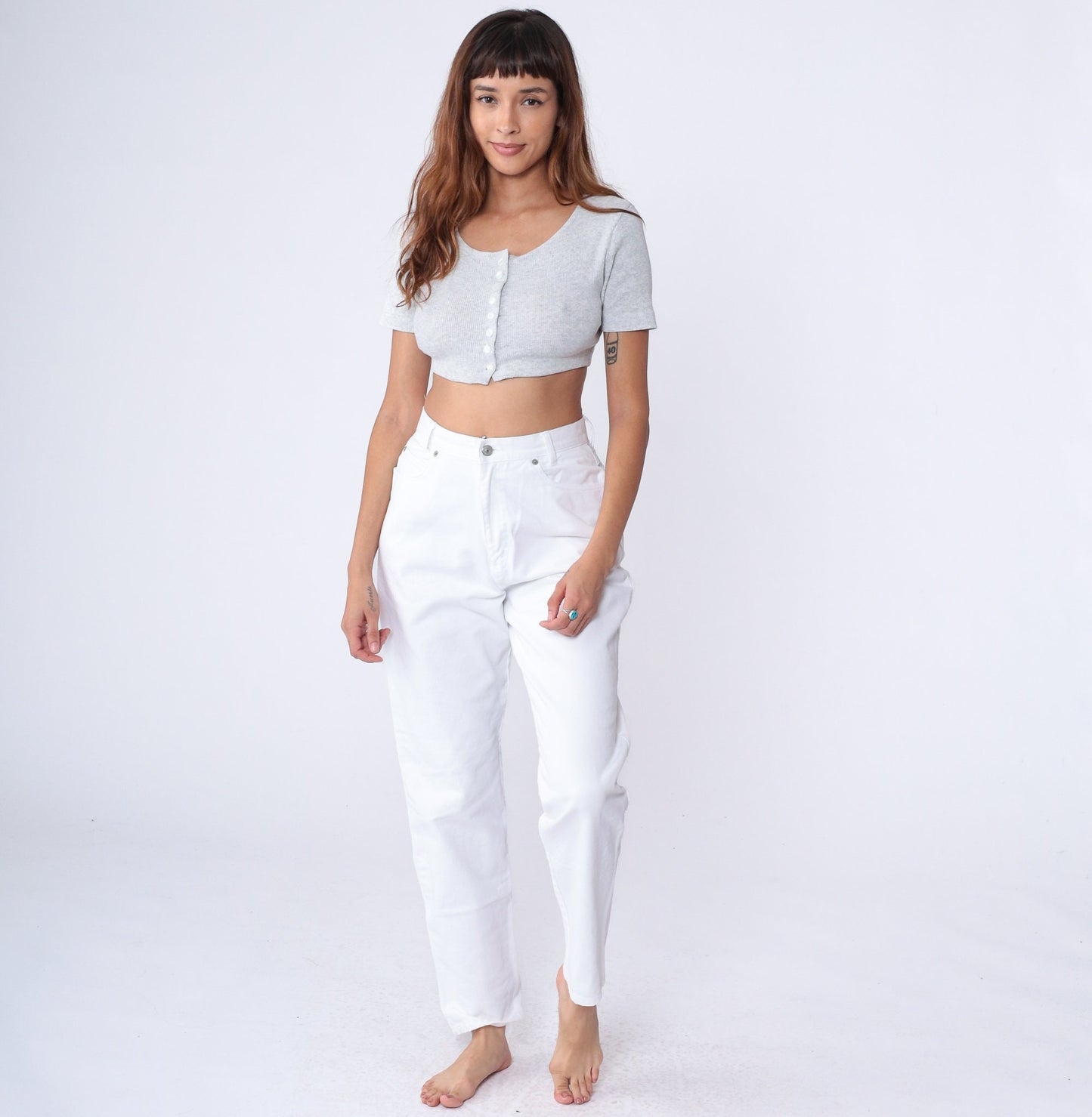 90s White Tapered Mom Jeans High Rise Cotton Denim Small