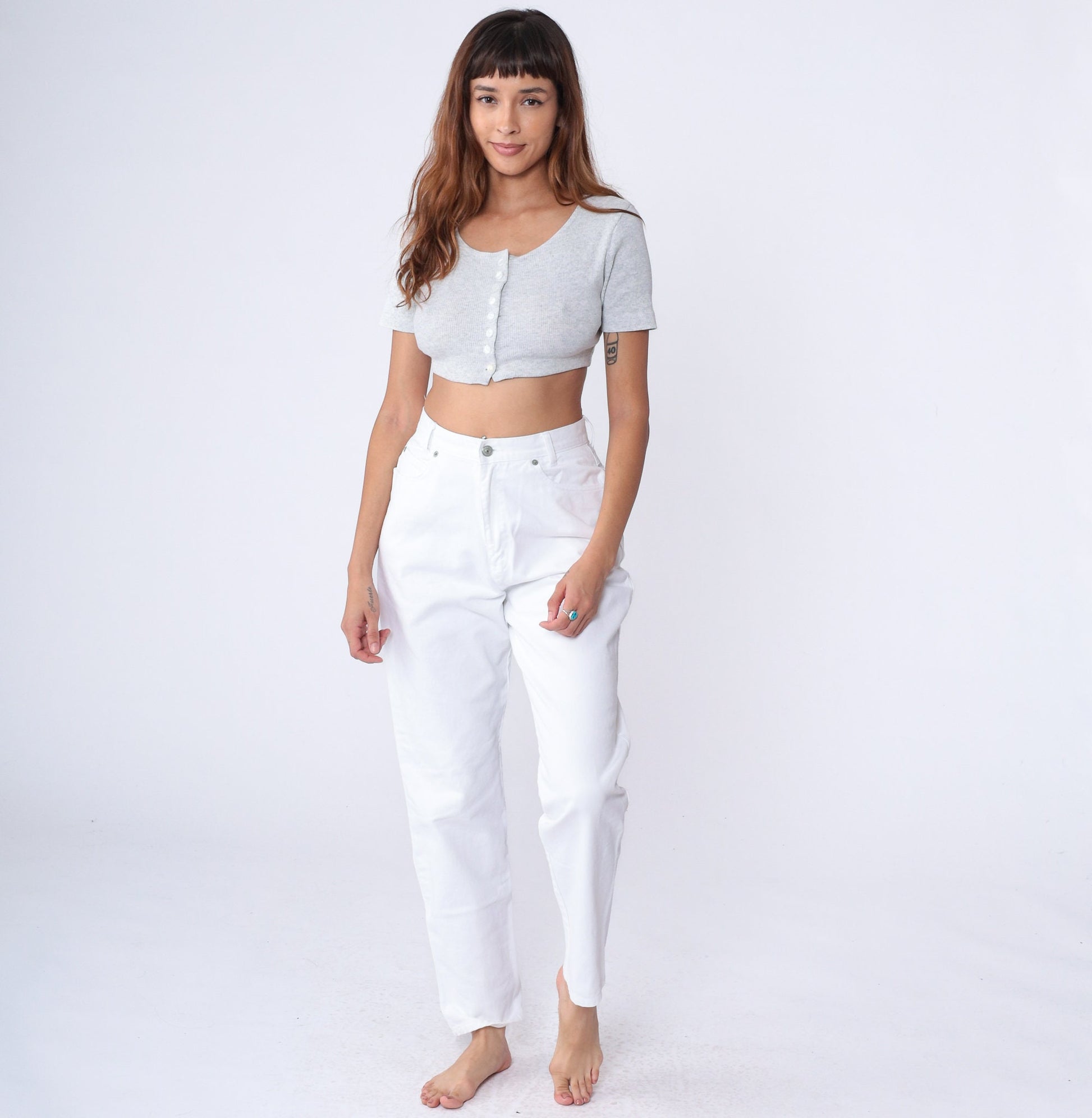 90s White Tapered Mom Jeans High Rise Cotton Denim Small