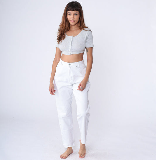 90s White Tapered Mom Jeans High Rise Cotton Denim Small