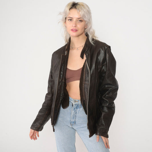 70s Dark Brown Leather Moto Jacket Zip Front Removable Lining Small S