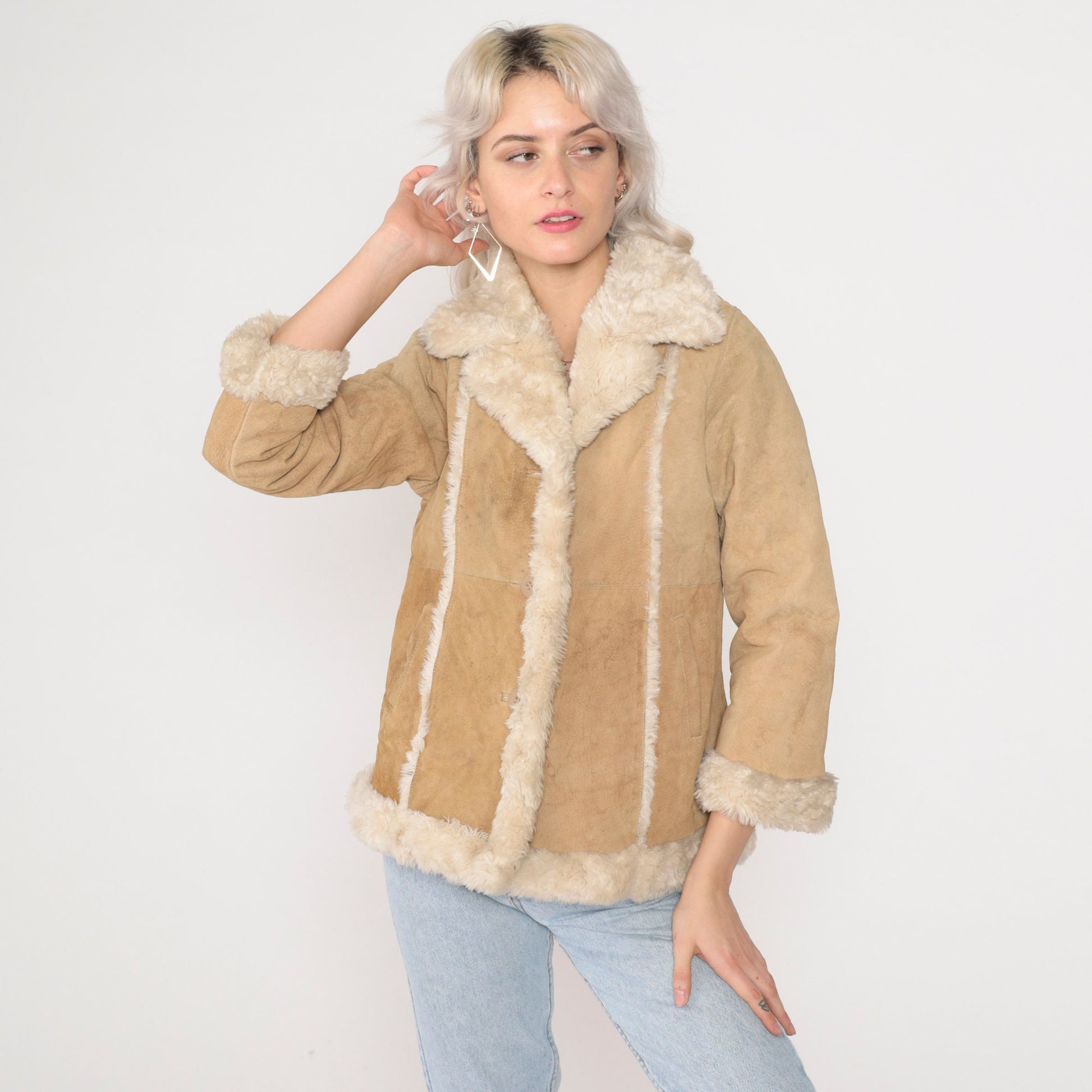 Y2K Wilsons Leather Kids Suede Sherpa Jacket Brown Button-Up Extra Small
