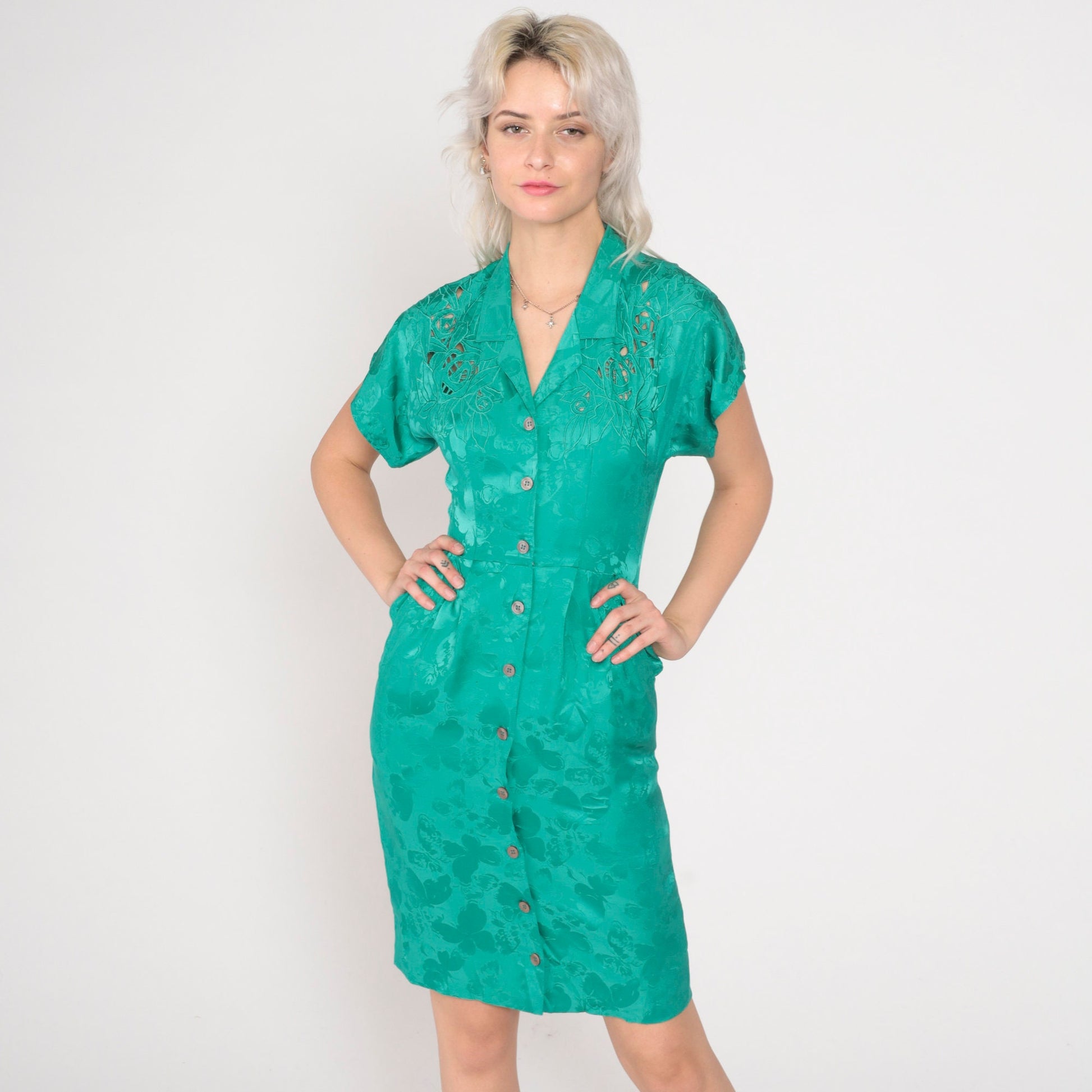 90s Lauren Alexandra Petites Green Silk Floral Mini Dress Cutwork Button-Up XS