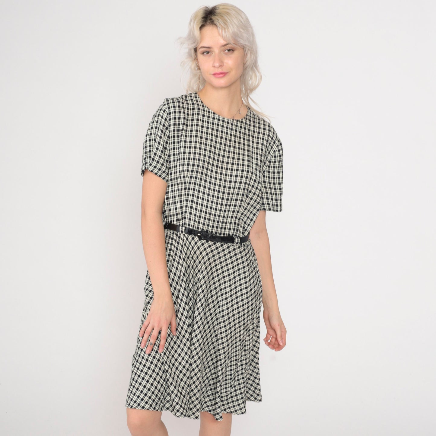 90s Black Cream Checkered Mini Dress High Waist Belted Short Sleeve Small Medium