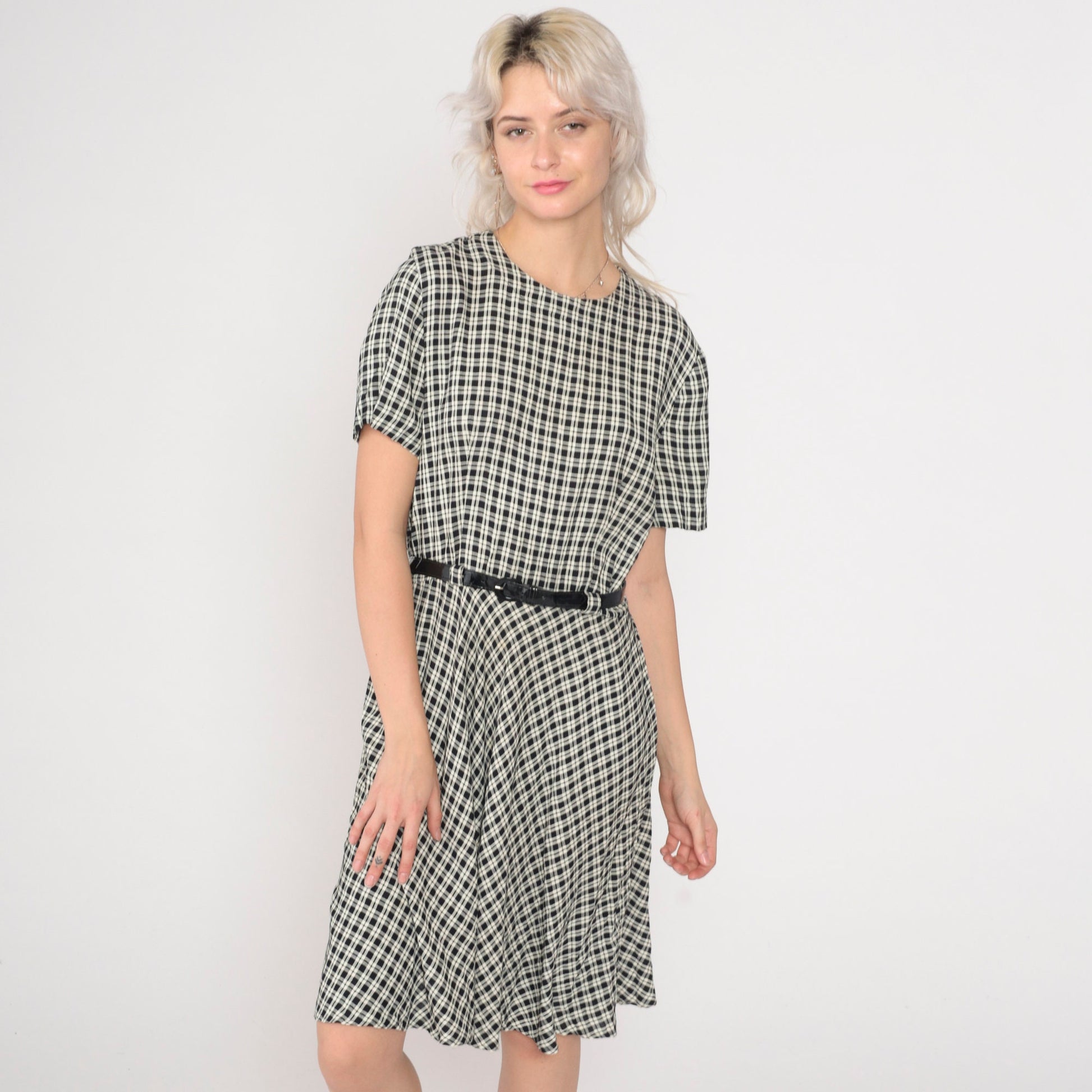 90s Black Cream Checkered Mini Dress High Waist Belted Short Sleeve Small Medium
