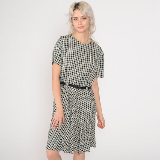 90s Black Cream Checkered Mini Dress High Waist Belted Short Sleeve Small Medium