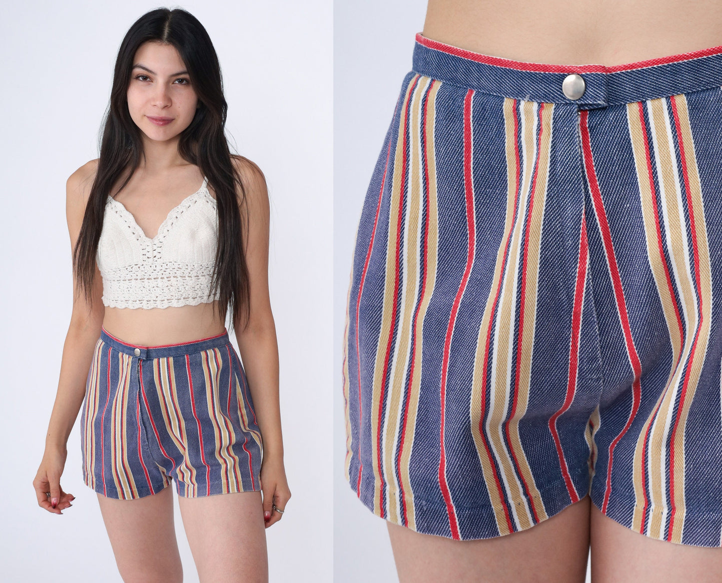 60s Striped Blue Cotton Shorts High Rise Mod Vintage Extra Small