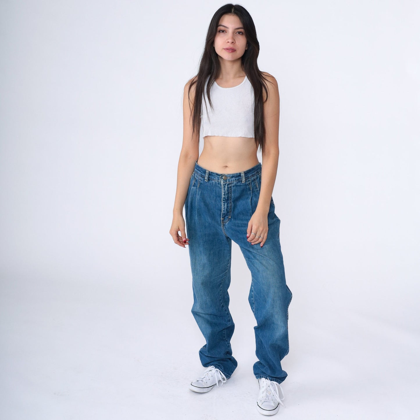 90s Zena High Rise Pleated Straight Leg Jeans Blue Denim Small 28