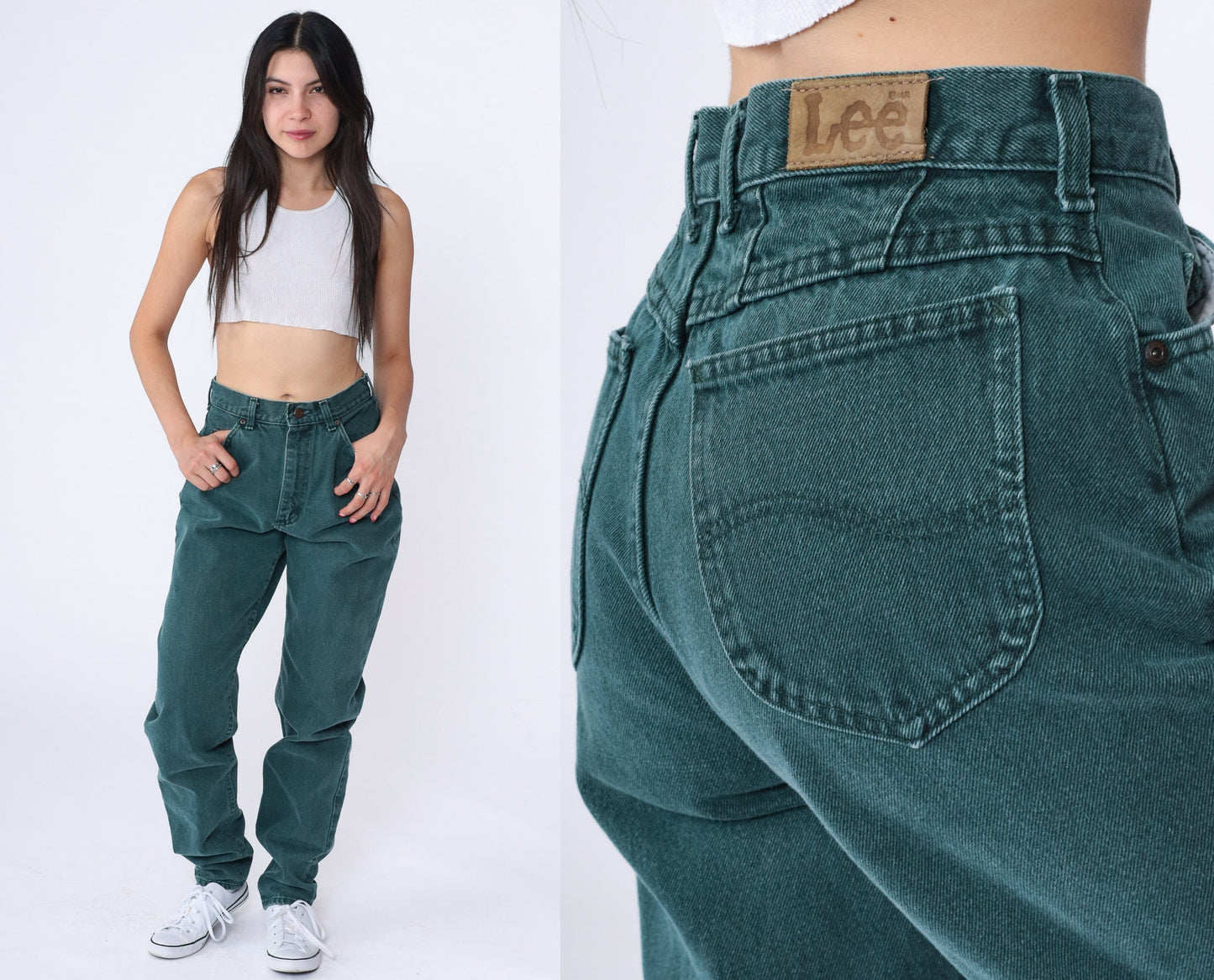 90s Lee Dark Green Tapered High-Waist Jeans Cotton Denim Small