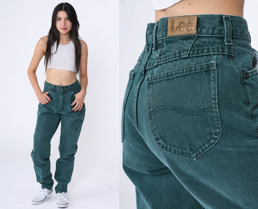 90s Lee Dark Green Tapered High-Waist Jeans Cotton Denim Small
