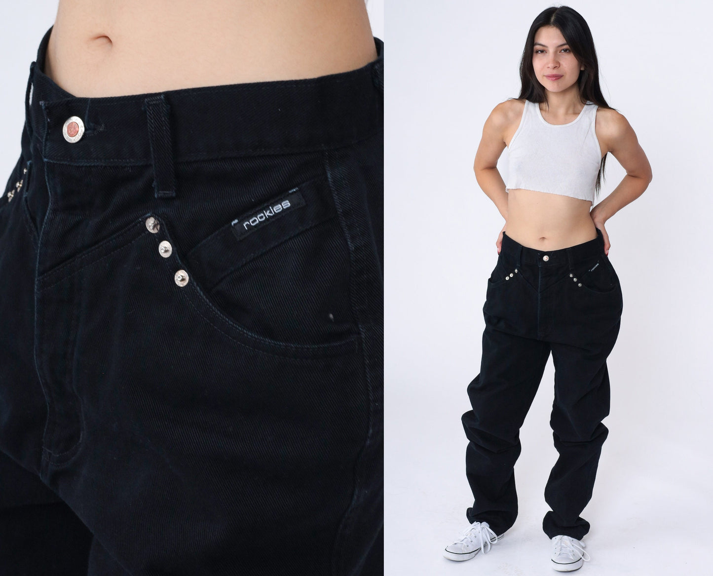 90s Rockies Black Denim High Waisted Tapered Jeans Yoke 29 Long