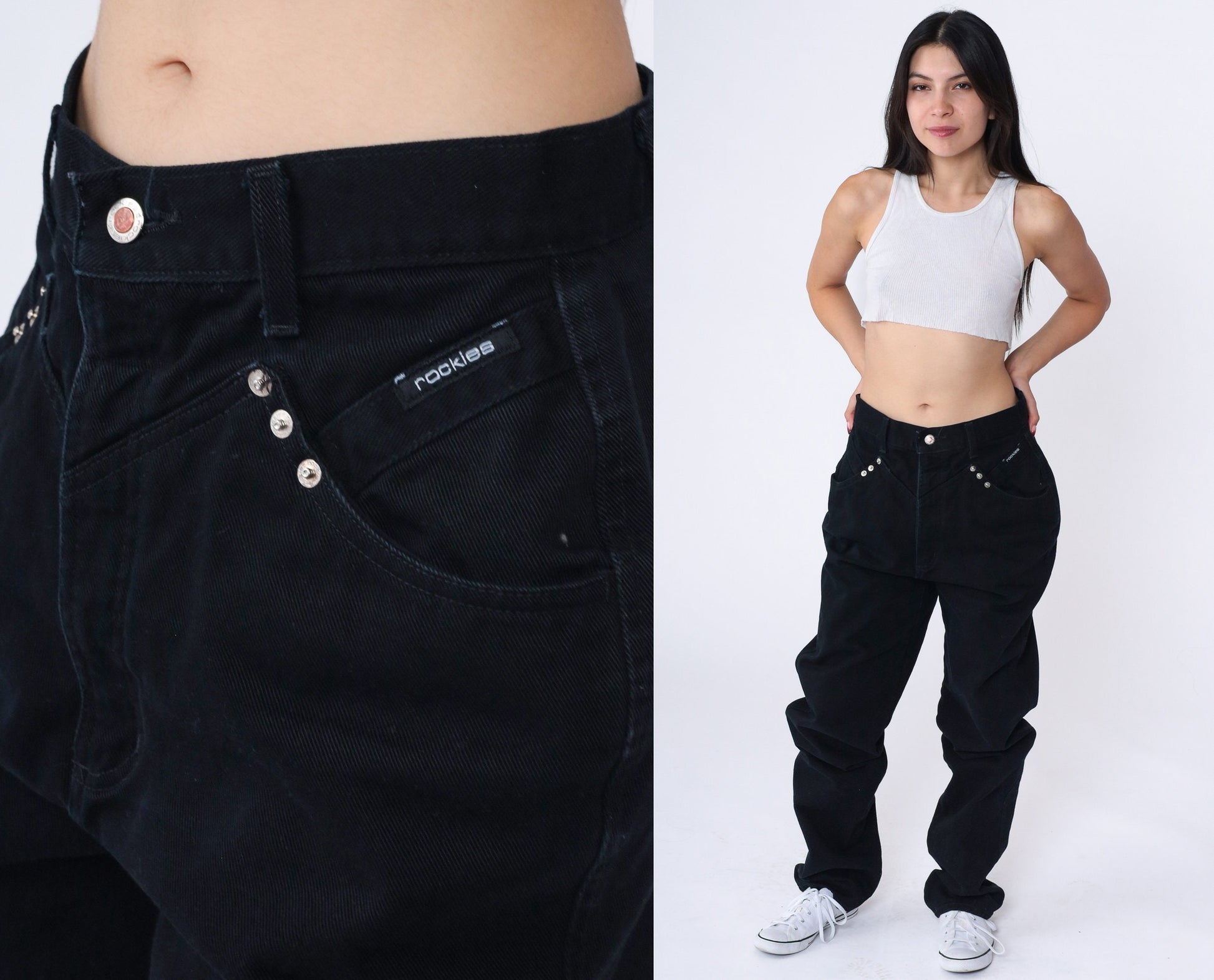 90s Rockies Black Denim High Waisted Tapered Jeans Yoke 29 Long