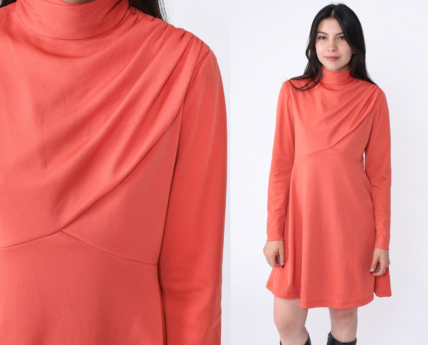 70s Orange Empire Waist Mock Neck Mini Dress Long Sleeve Medium