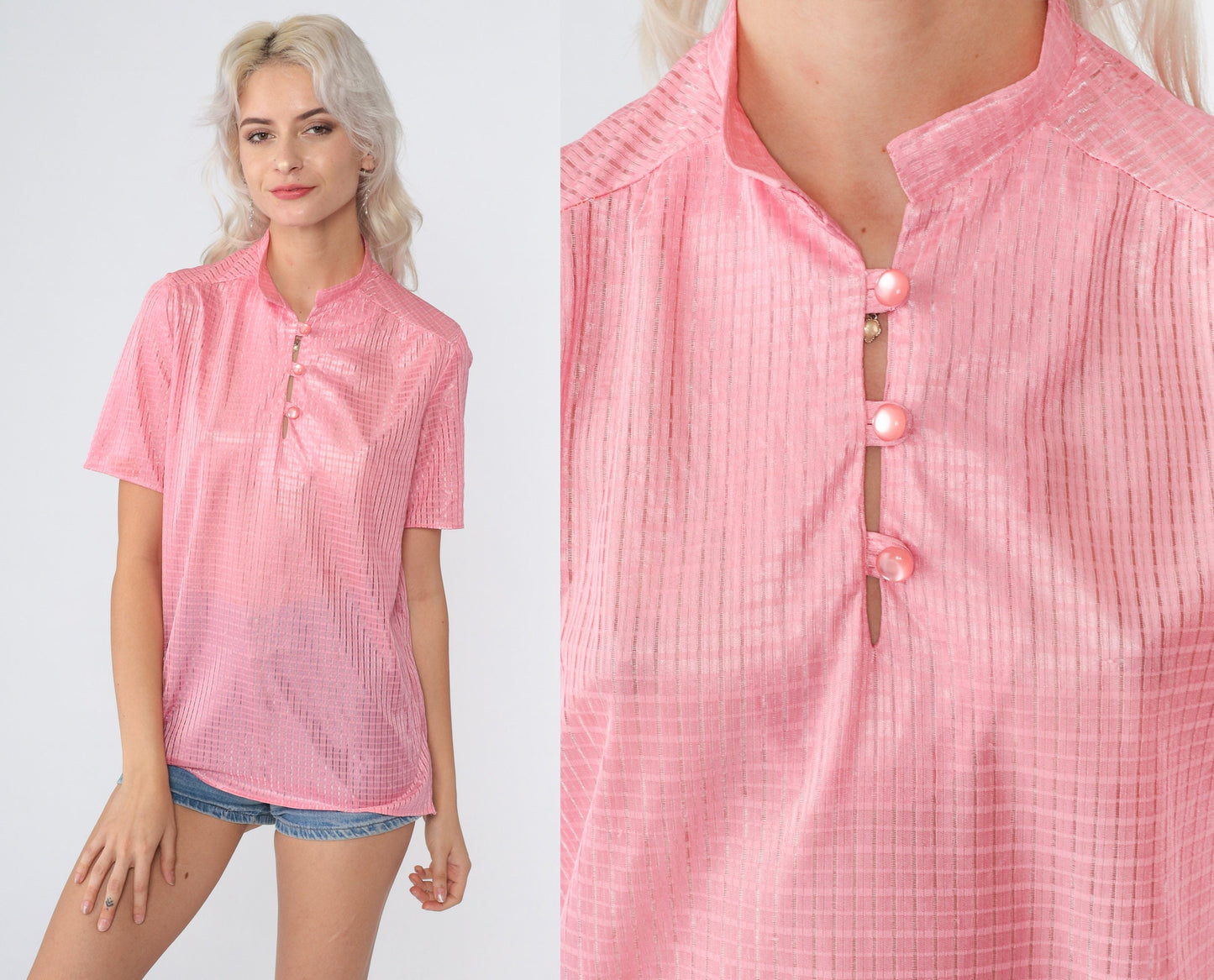 70s Pink Checkered Mandarin Collar Blouse Shiny Half-Button Short Sleeve Small