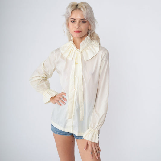 70s Ruffled Necktie Blouse Off-White High Neck Button-Up Long Sleeve Medium