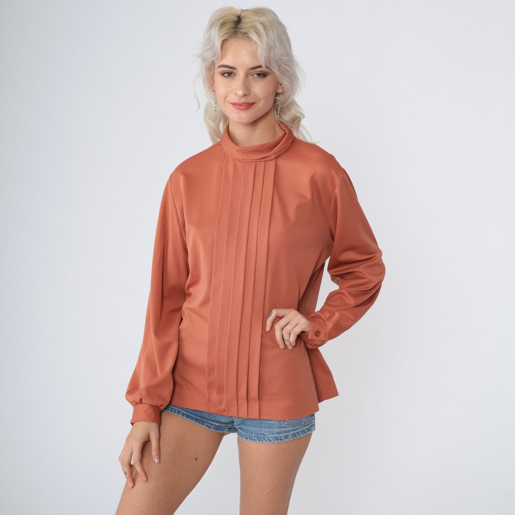 70s Terra Cotta Mockneck Blouse Pleated Balloon Sleeve Secretary Top Large