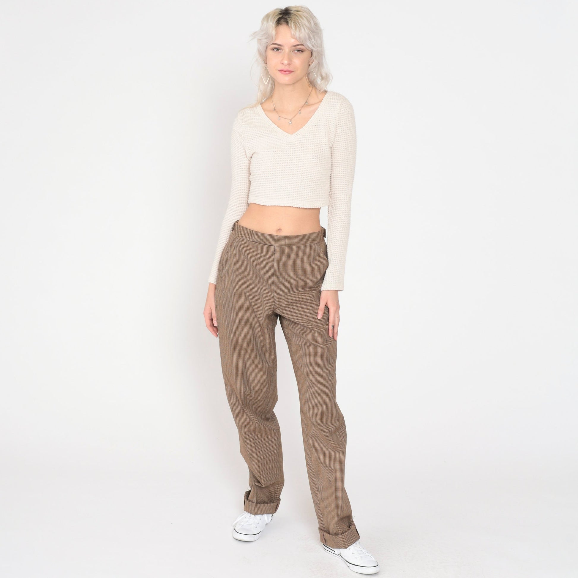 70s Brown Checkered High-Waisted Straight Leg Trousers Medium 29