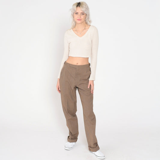 70s Brown Checkered High-Waisted Straight Leg Trousers Medium 29