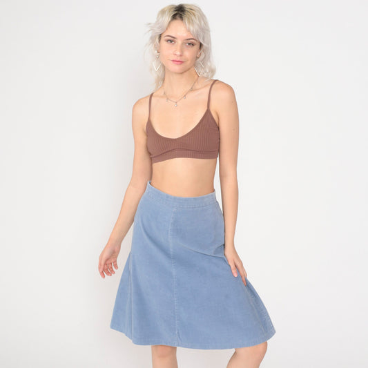 80s Blue Corduroy Midi Skirt High Waist A-Line Small