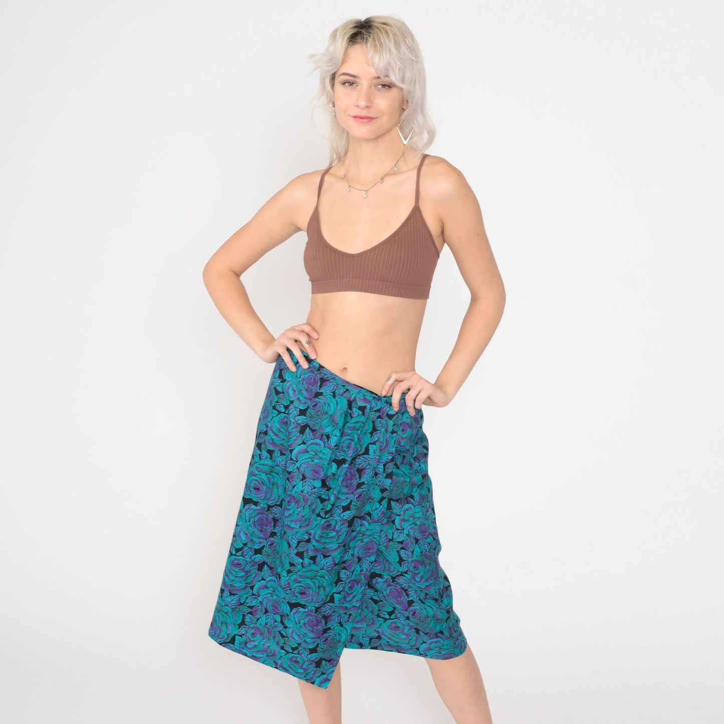 80s Floral Wrap Midi Skirt High Waist Purple Turquoise Rayon Small