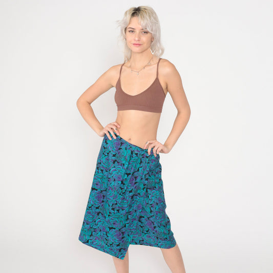 80s Floral Wrap Midi Skirt High Waist Purple Turquoise Rayon Small