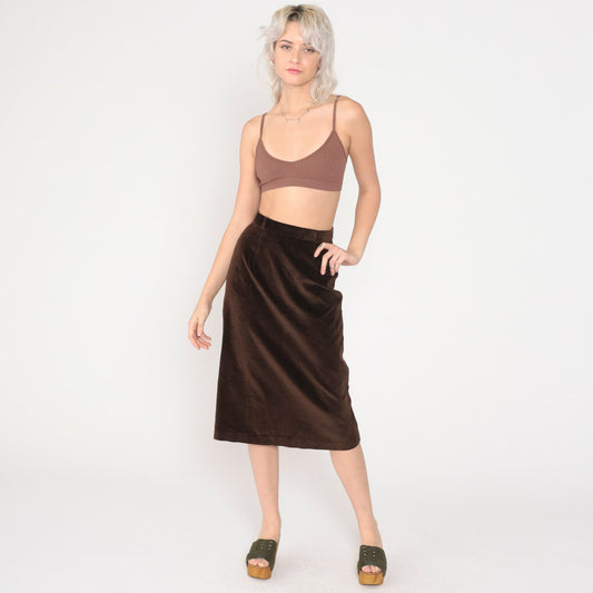 80s Brown Velvet Pencil Skirt High Waist Midi Extra Small XS