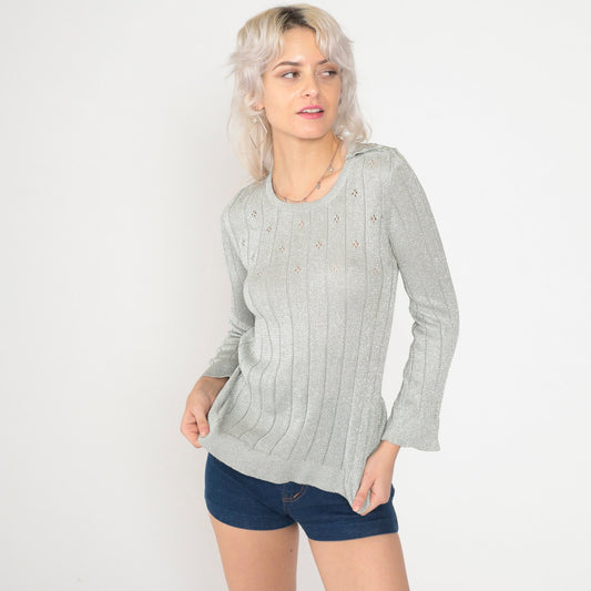 70s Silver Metallic Pointelle Knit Sweater Cutout Chest Pullover Small