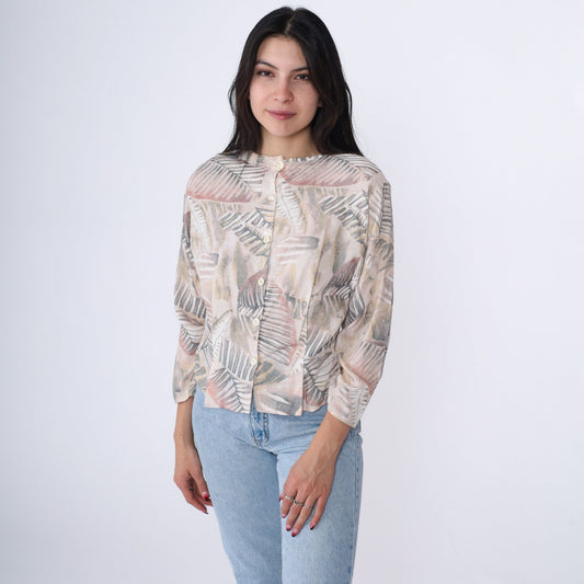 90s Melrose Leaf Print Blouse Beige Button Up 3/4 Sleeve Medium