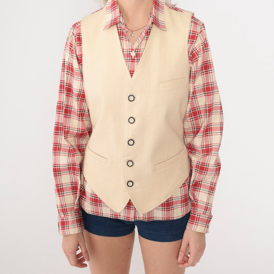 80s Armani Jeans Red Plaid Shirt & Cream Wool Vest Set Small