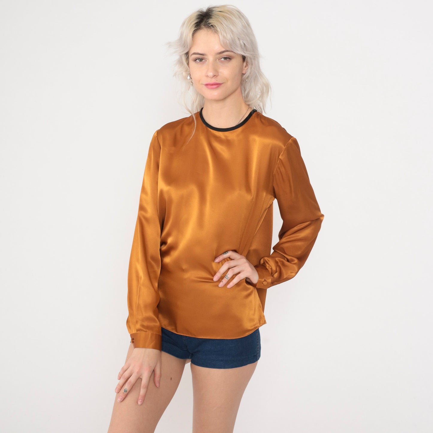 80s Kasper Burnt Orange Satin Button-Up Blouse Black Ringer Trim Medium