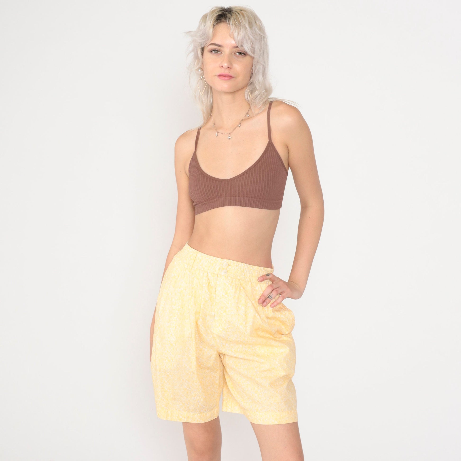 90s Liz Claiborne Floral Shorts Yellow High Waisted Wide Leg Cotton Small