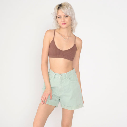 90s Guess Light Green Denim Shorts High Waist Cuffed Small