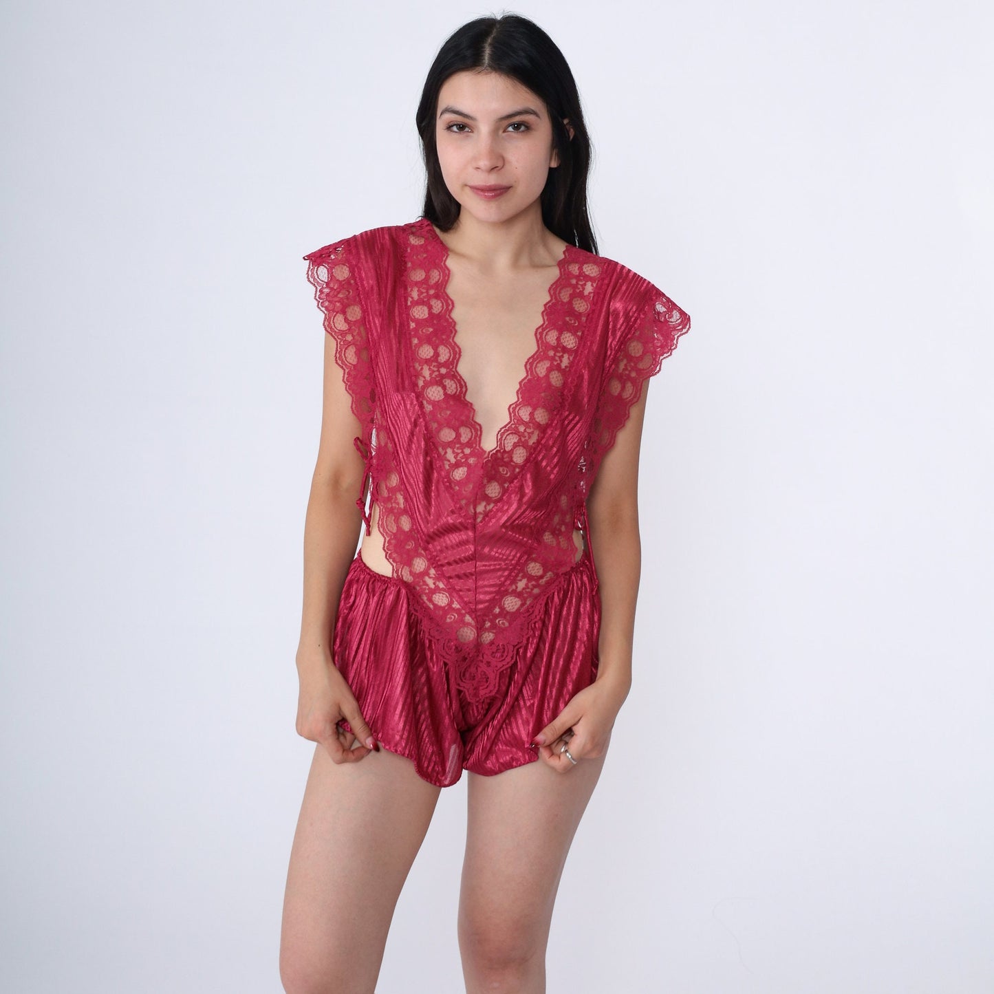 80s Raspberry Red Lace Teddy Lingerie Deep V Neck Bodysuit Extra Large XL