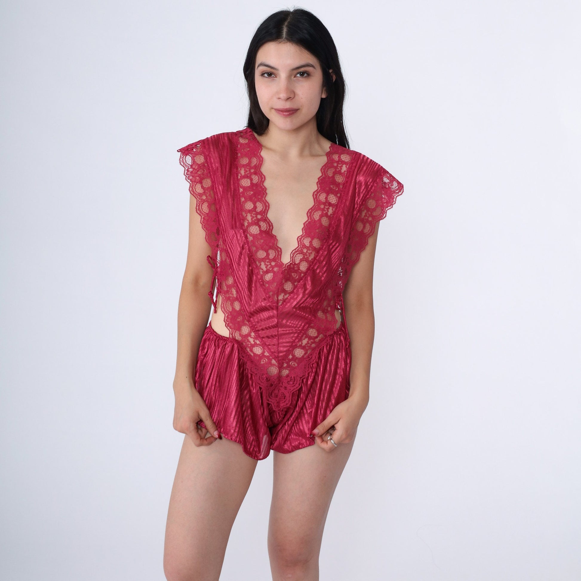 80s Raspberry Red Lace Teddy Lingerie Deep V Neck Bodysuit Extra Large XL