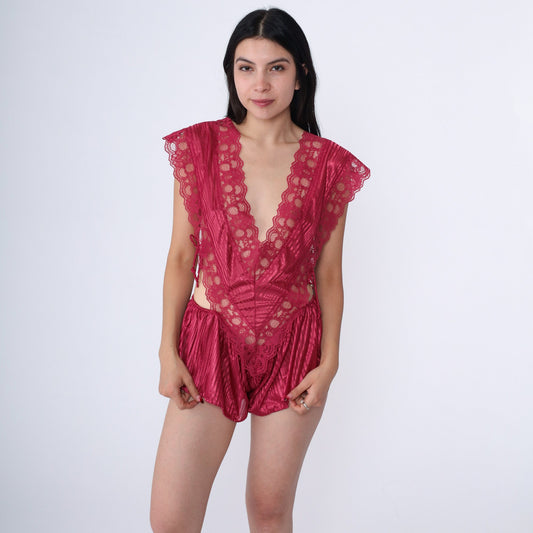 80s Raspberry Red Lace Teddy Lingerie Deep V Neck Bodysuit Extra Large XL