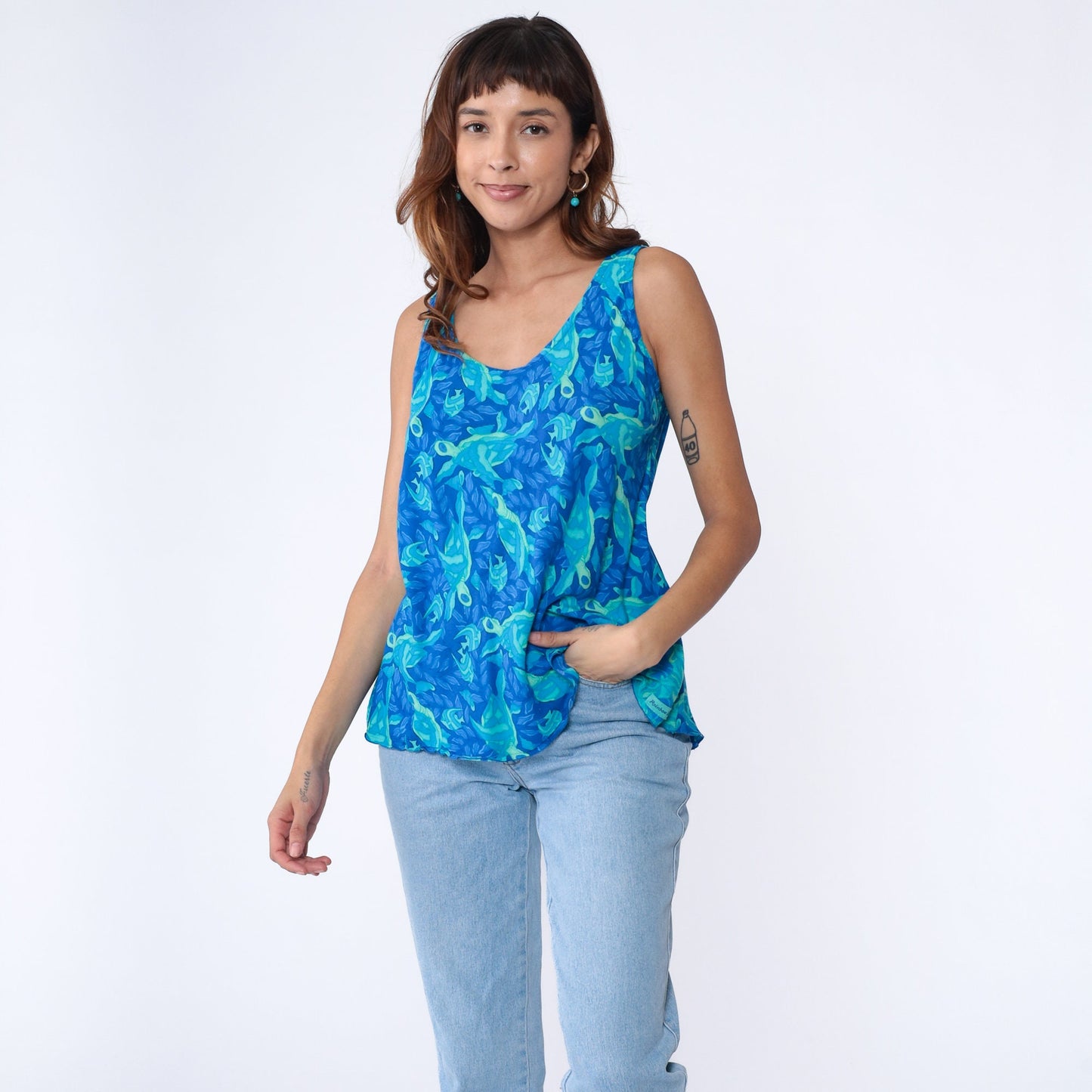 00s Sea Turtle Tropical Fish Tank Top Blue Rayon All Over Print Medium M