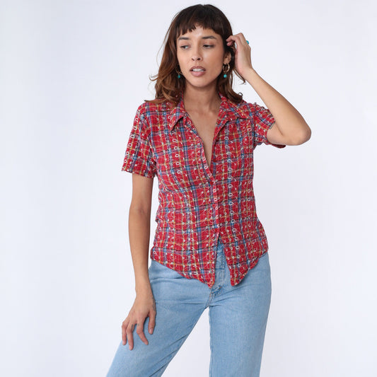 90s I Am Plaid Blouse Red Embroidered Button Up Shirt Short Sleeve Small