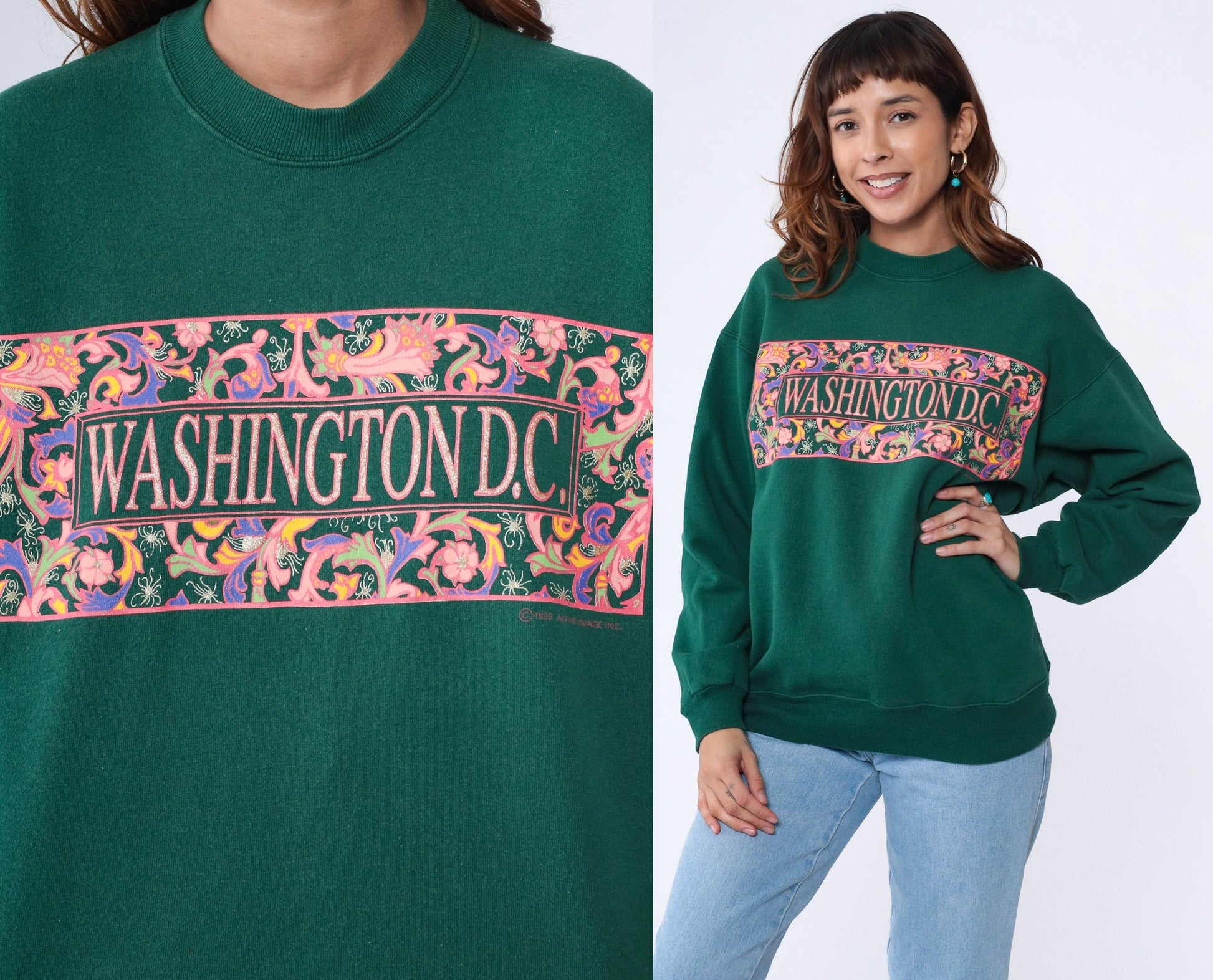 90s Washington DC Sparkly Sweatshirt Dark Green Glitter Spellout Crewneck Large