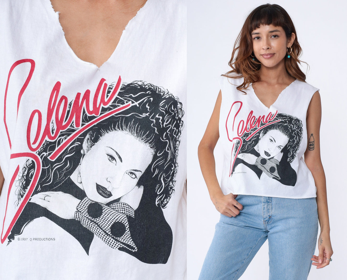 90s Selena Quintanilla Tank Top White Cutoff Crop V-Neck Small Medium