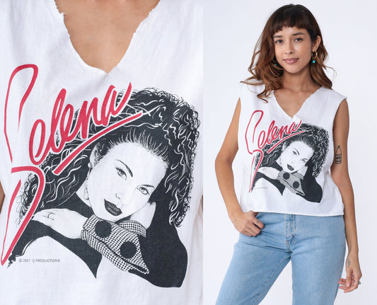 90s Selena Quintanilla Tank Top White Cutoff Crop V-Neck Small Medium